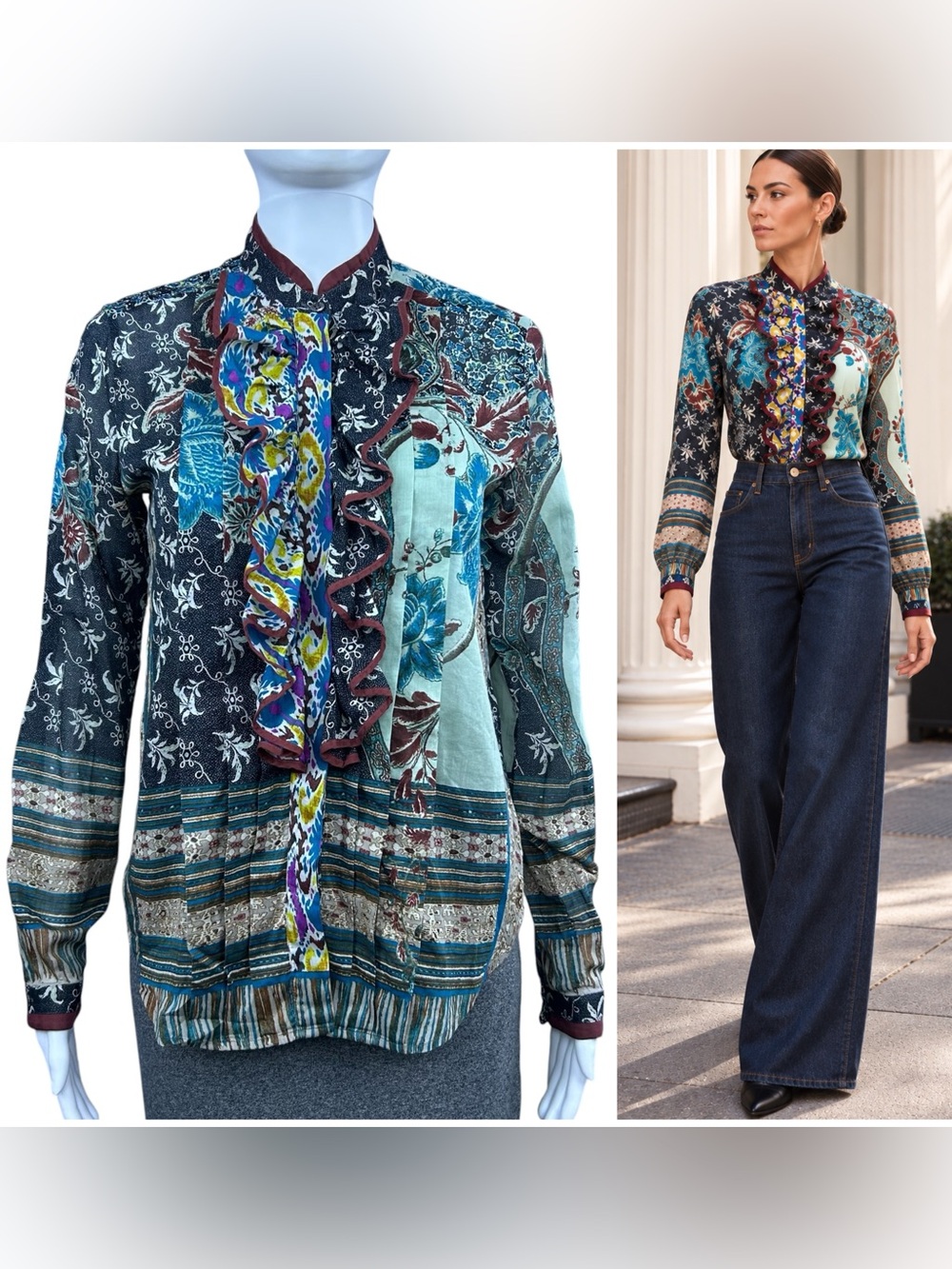 ETRO Floral Paisley Patchwork Print Ruffle Blouse US 6  / IT 42 Pleated Italy